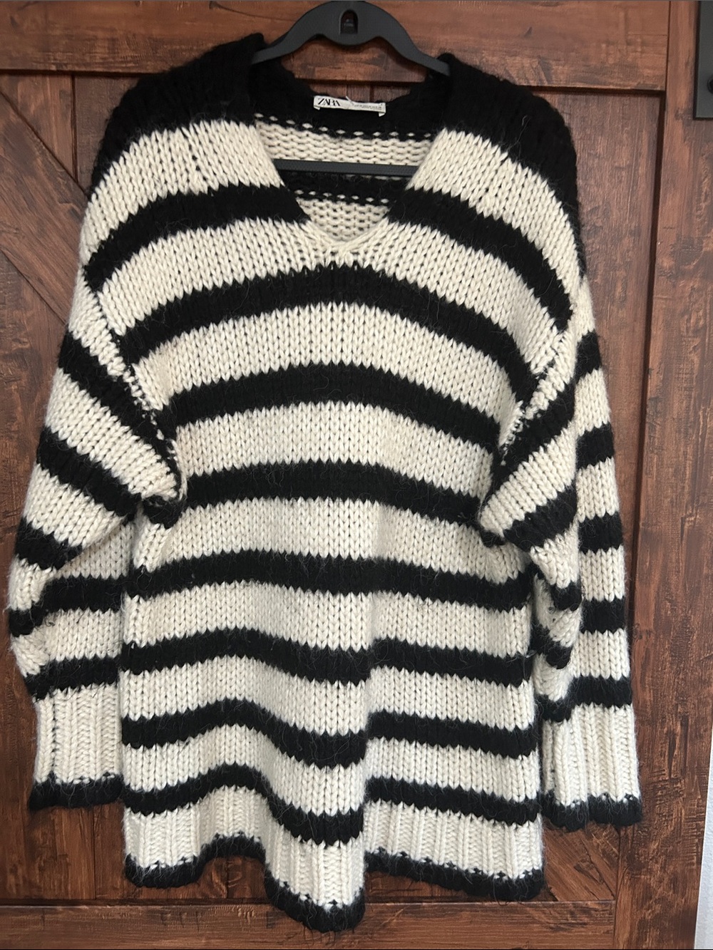 Zara Black & White Striped V-Neck Knit Sweater
